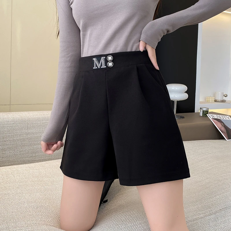 秋冬毛呢短裤女2023新款时尚高腰宽松显瘦松紧a字阔腿外穿靴裤