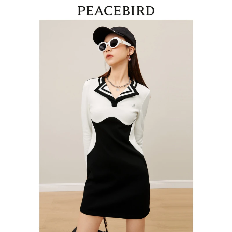 PEACEBIRD/太平鸟撞色针织修身显瘦翻领连衣裙拼接名媛A8FAC3372