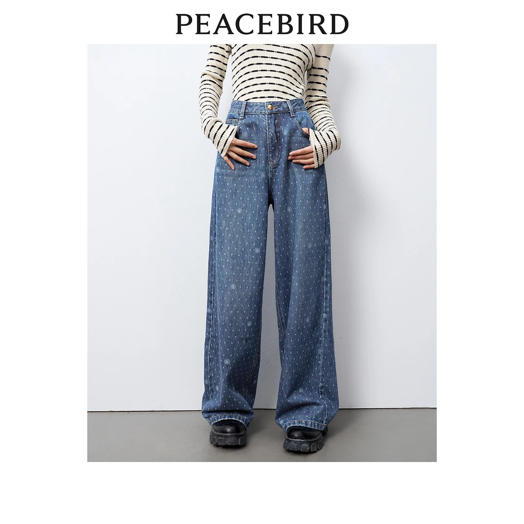 太平鸟印花直筒牛仔裤2024年春季新款满印高腰A8HAE1137