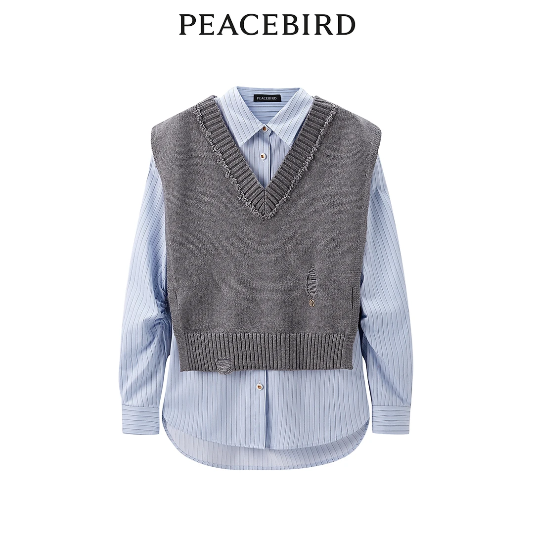 太平鸟秋季两件式条纹衬衫时尚百搭上衣AACAE415H