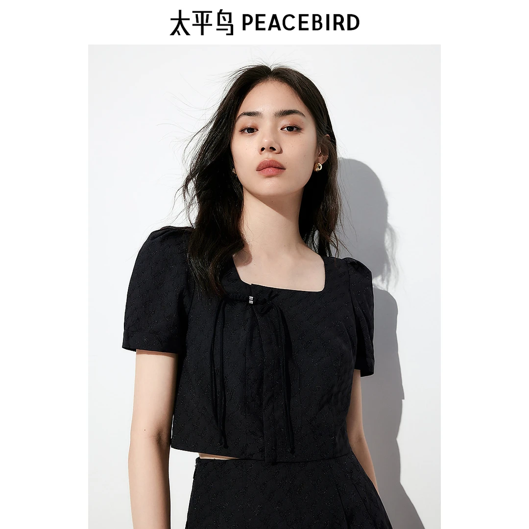 太平鸟女装新中式方领国风上衣气质黑色时尚显瘦A8CDE2371