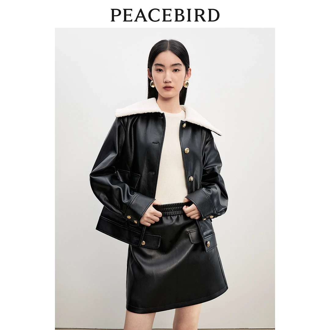 太平鸟毛绒翻领PU外套新款宽松时尚黑色高级气质夹克A8BBD4481