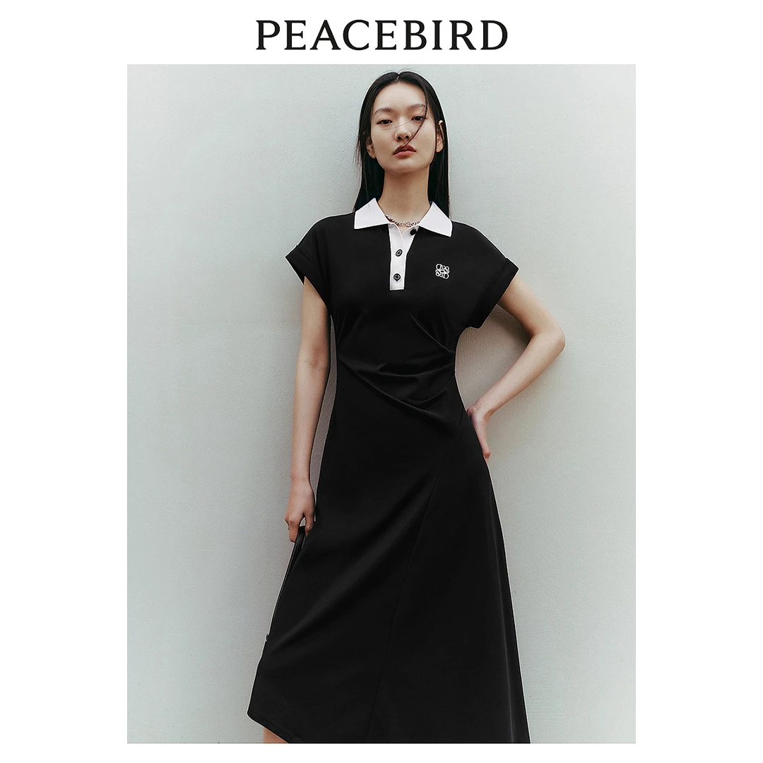 太平鸟撞色POLO连衣裙收腰长裙时尚不规则A8FAE2A42