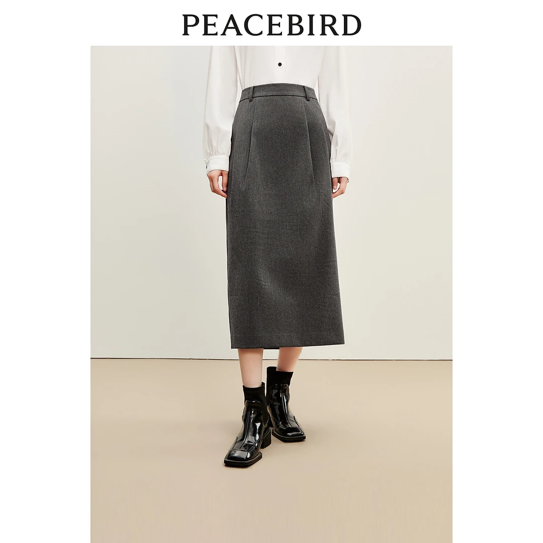 太平鸟时尚花苞半身长裙显瘦收腰开叉压褶新款半身裙女A8GFD4247