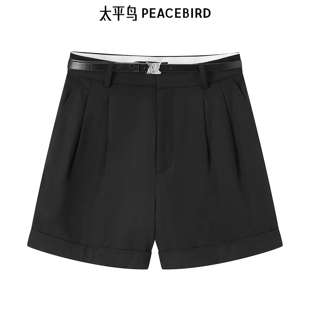 太平鸟夏天丝翻边黑色显瘦A字高腰带腰带中短裤A1GCE2204