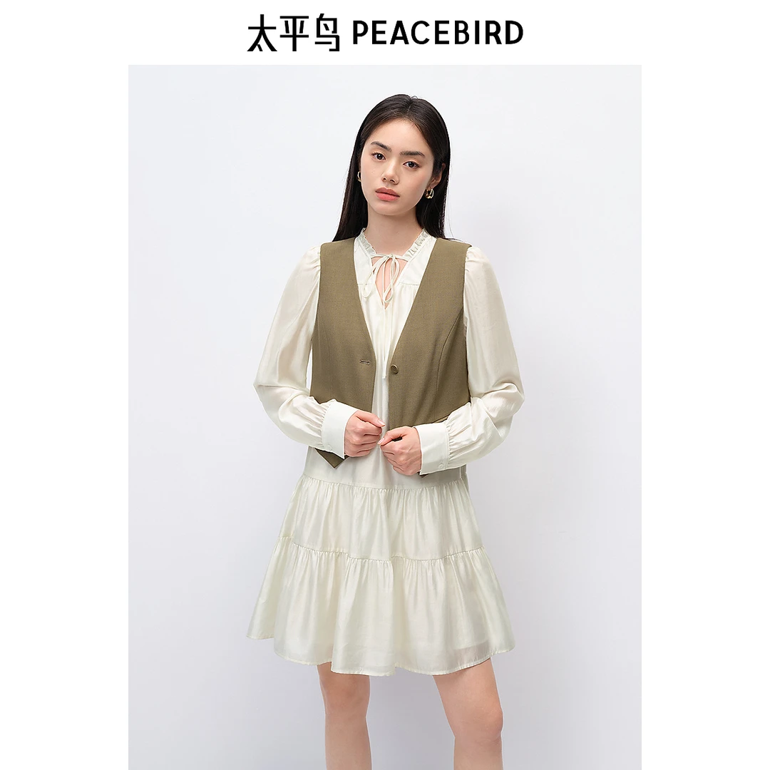 太平鸟马甲小香风连衣裙两件式拼接短裙气质裙雅丹风A8FAE3281