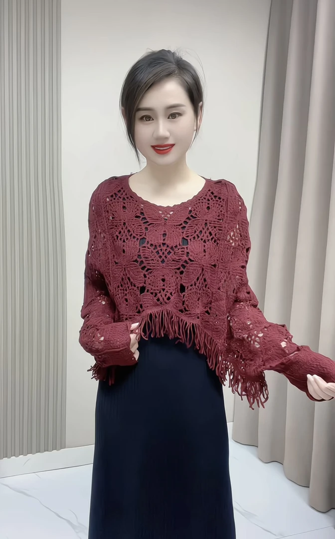 钩花镂空流苏针织罩衫女2024年秋新款宽松别致慵懒风百搭空调小衫