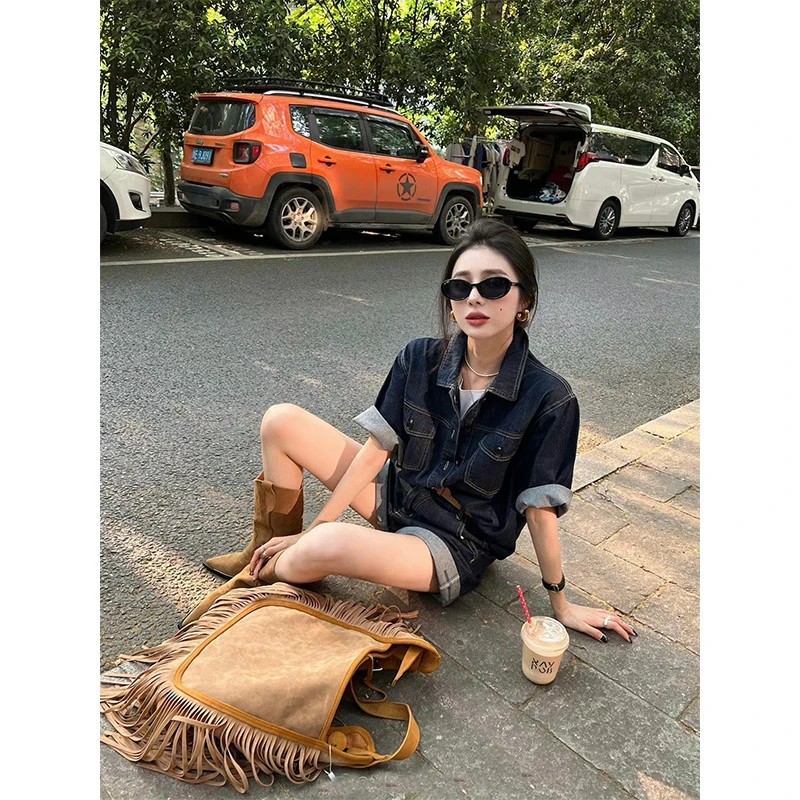 2025夏季新款高级感时尚气质复古休闲修身显瘦牛仔宽松连衣短裤女