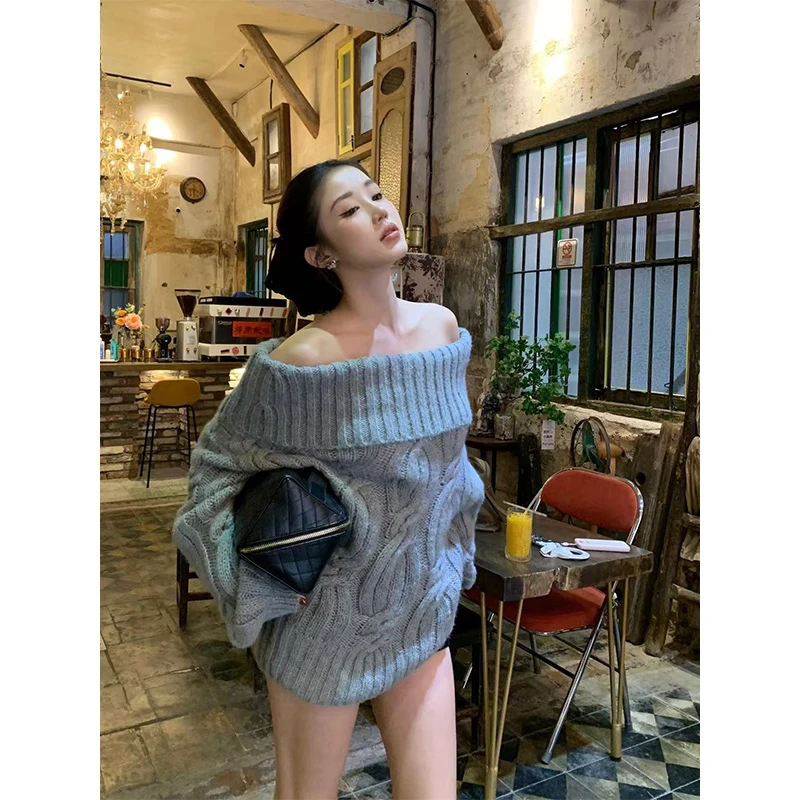 2024秋冬新款轻熟风性感一字领软糯舒适毛针织衫百搭灰色显瘦上衣