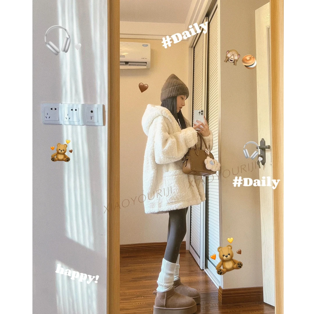 温柔软糯连帽保暖颗粒感外套女2024冬季爆款美式时尚高级感鲨鱼裤