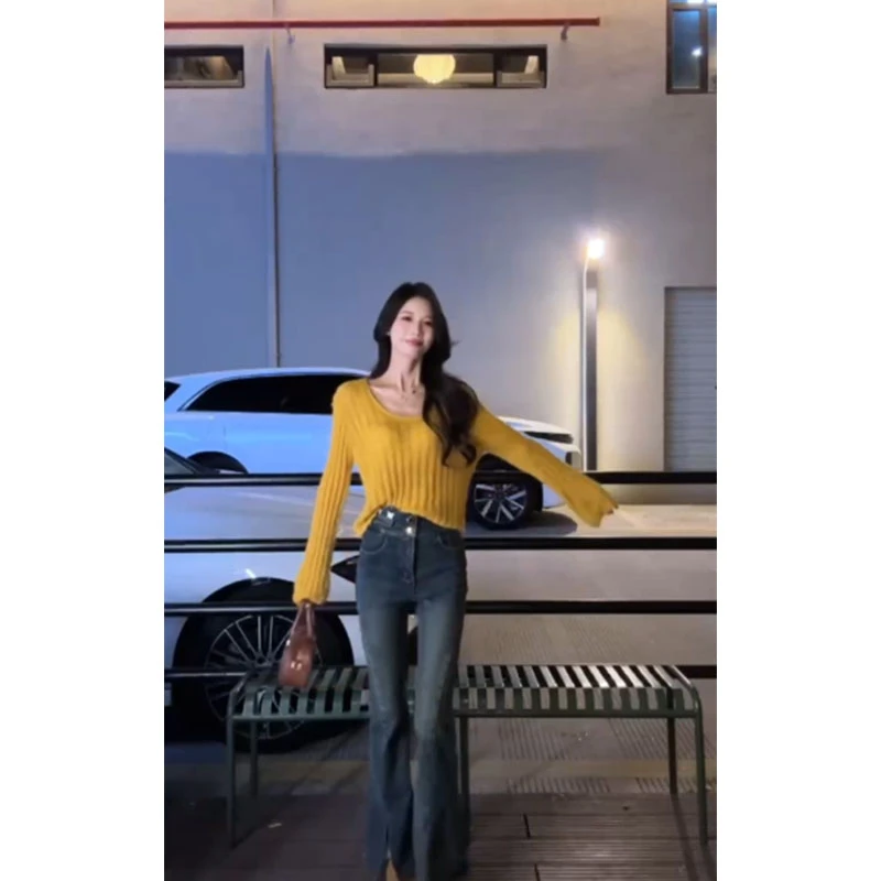 2025秋季新款轻熟风辣妹修身长袖针织上衣高腰显瘦直筒做旧牛仔裤