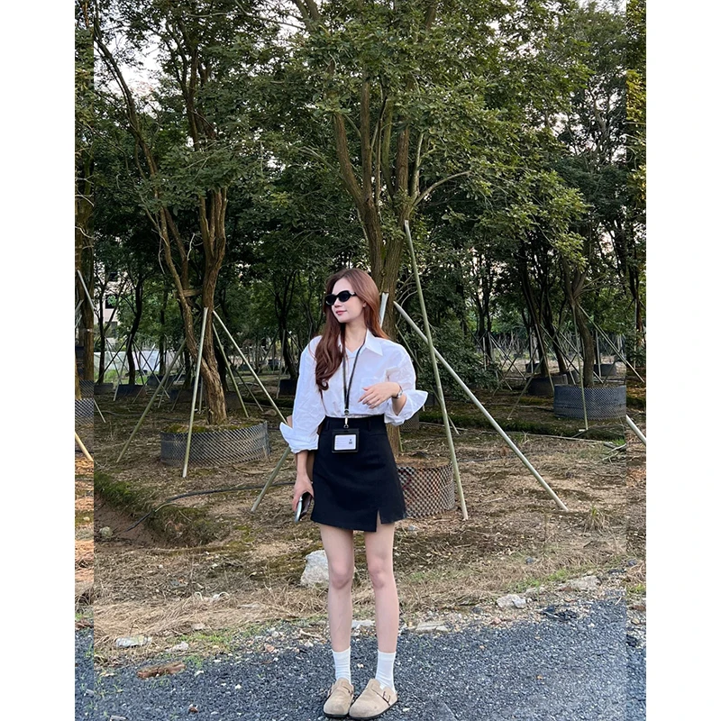 2025秋季新款时尚韩系休闲风设计感洋气减龄长袖衬衫女高腰半身裙