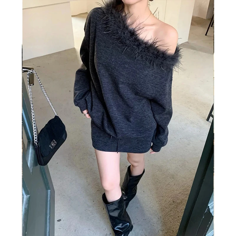 2024冬季通勤慵懒风小众灰色系穿搭显瘦百搭长袖上衣高腰半身裙女