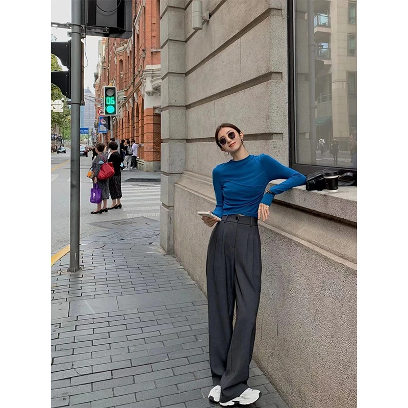 2025秋季小个子薄款修身显瘦圆领长袖针织衫高腰垂感休闲阔腿裤女