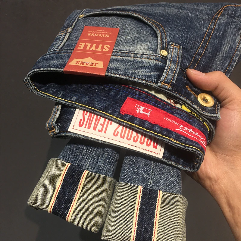 820赤耳单宁面料高端韩版时尚刺绣牛仔裤男款潮流蓝色弹力长裤