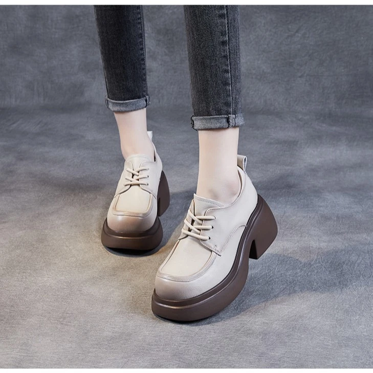 头层牛皮厚底百搭女鞋子真皮英伦风休闲时尚乐福鞋2023春秋季新款