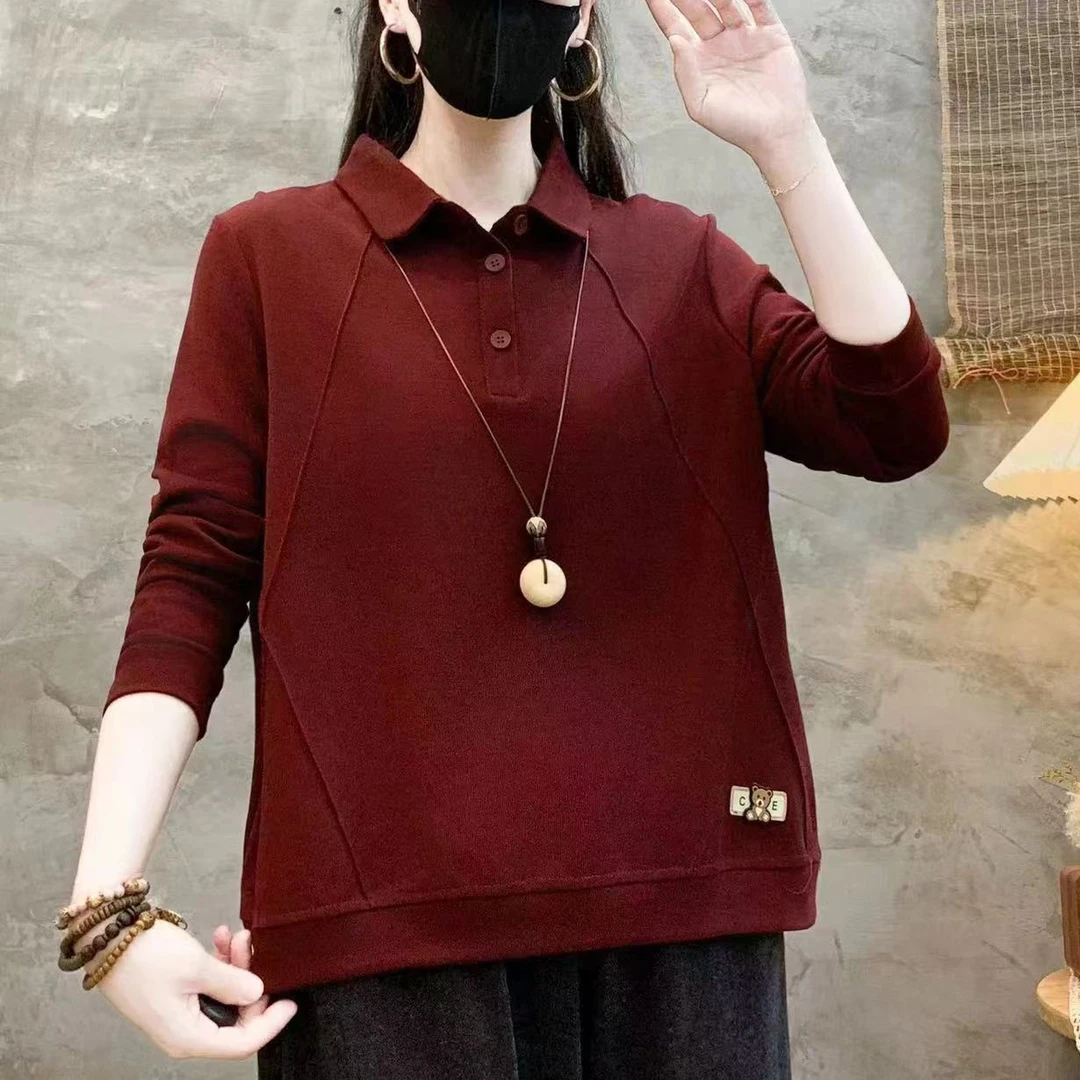 【2024】春秋新款妈妈装纯色贴标长袖polo女士卫衣休闲百搭宽松