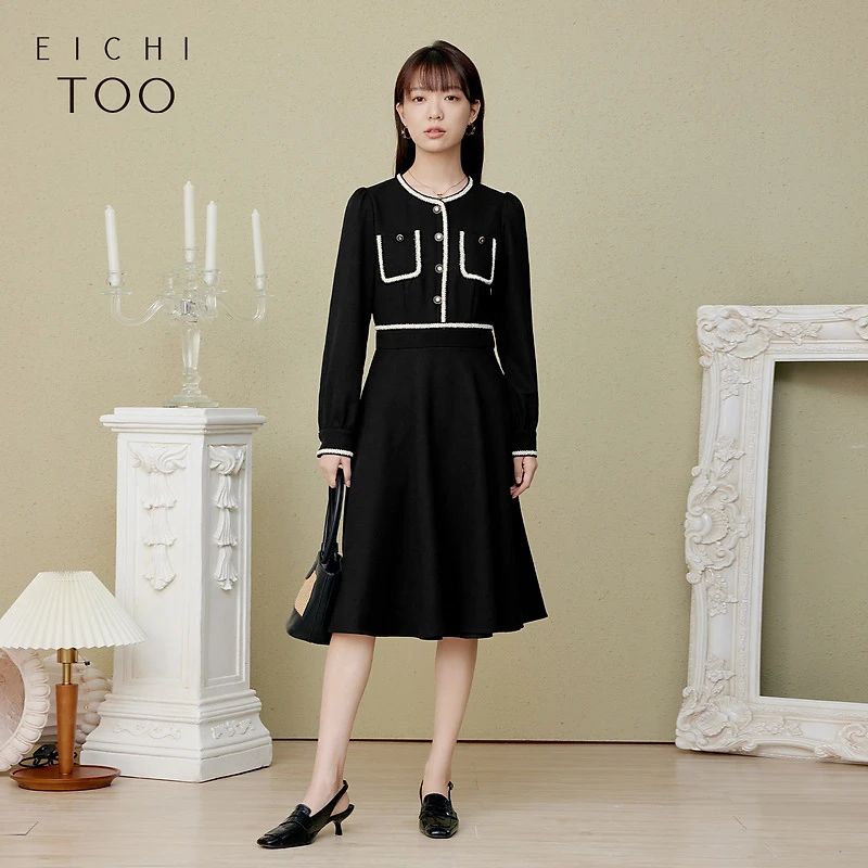 A爱居兔新肌理感时尚小香风织带设计感长袖连衣裙EQLCJ1P002A