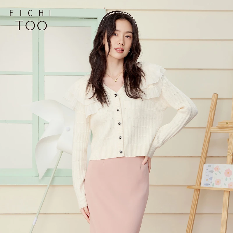 B爱居兔女装经典时尚木耳边大翻领针织衫外套EWZSJ1P011A