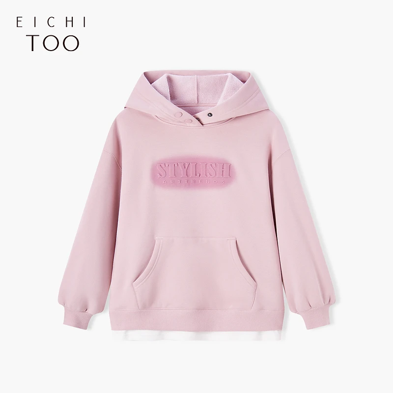 A155爱居兔冬季柔软舒适假两件设计感加绒连帽卫衣ENZWJ4N016A