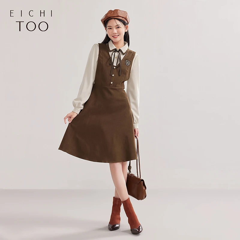 A110爱居兔拼接假两件学院风修身显瘦女连衣裙EQLCJ4M011A