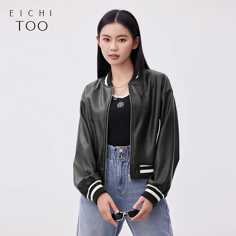 A2202爱居兔黑白撞色小个子友好收腰皮茄克外套EWPAJ1N001A