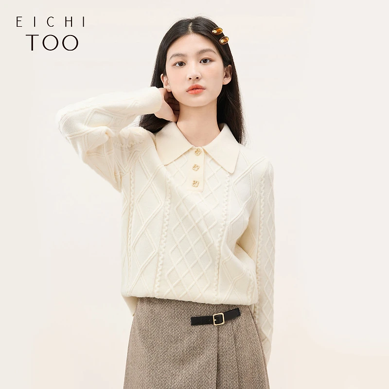 A爱居兔软糯舒适纯色翻领简约时尚长袖针织衫ENZAJ3N014A