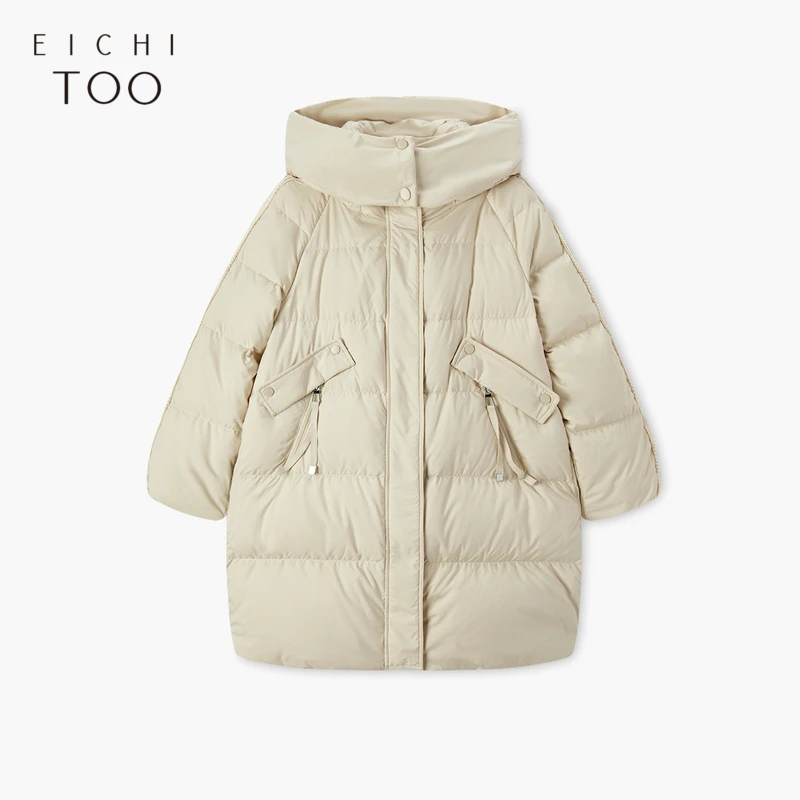 A爱居兔女冬季新款简约大气中长款连帽羽绒服外套EWRAJ4P007A