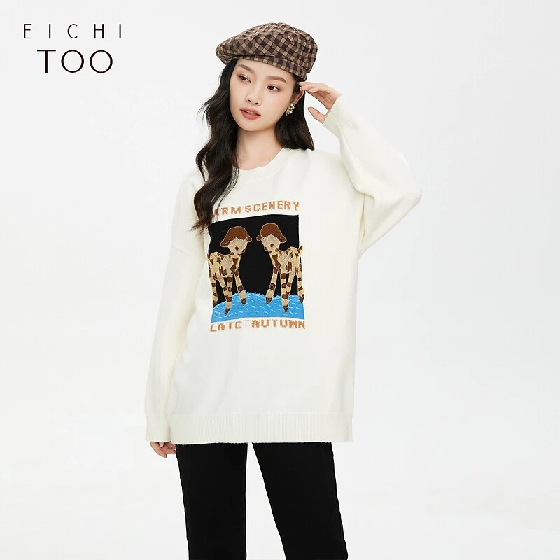 A爱居兔女装大图绣花宽松廓形长袖针织衫毛衣ENZAJ3M017A