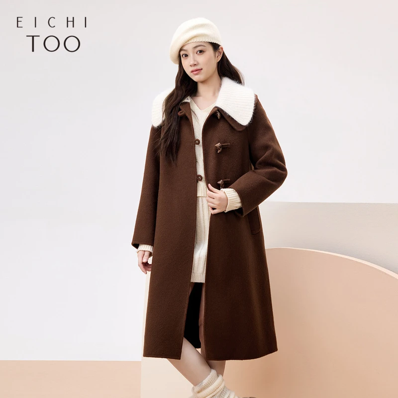 A爱居兔冬季新牛角扣可脱卸针织大翻领双面呢大衣EWDSJ4P011A