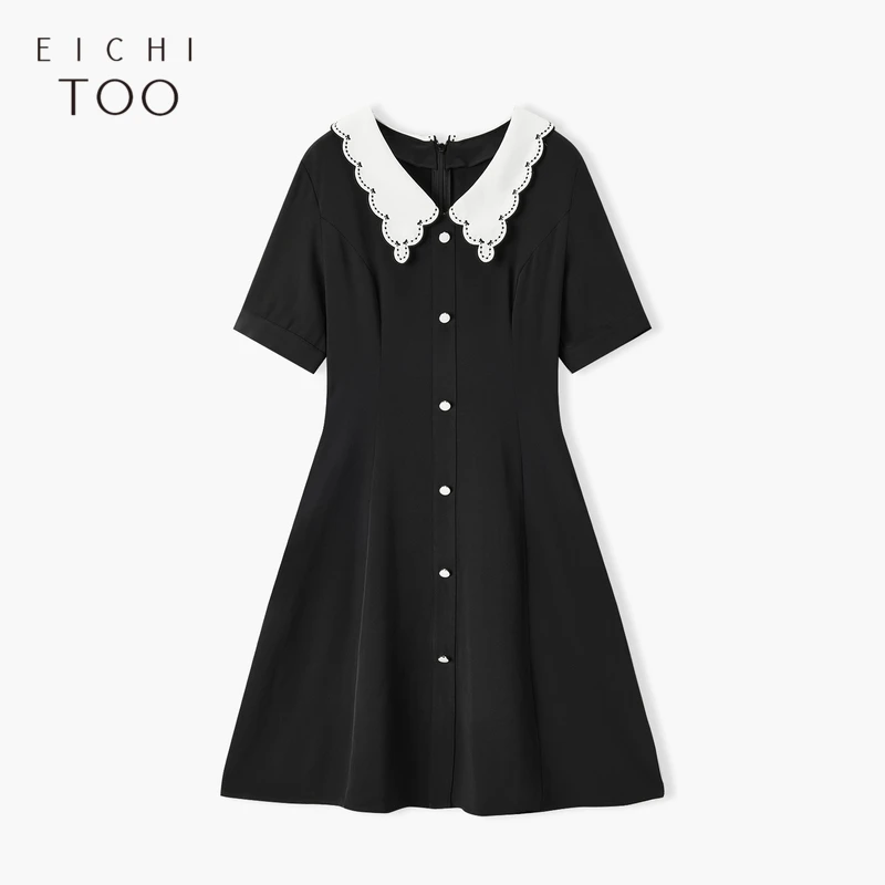 A爱居兔女装夏季撞色绣花修身轻薄短袖连衣裙EQLBJ2P044A