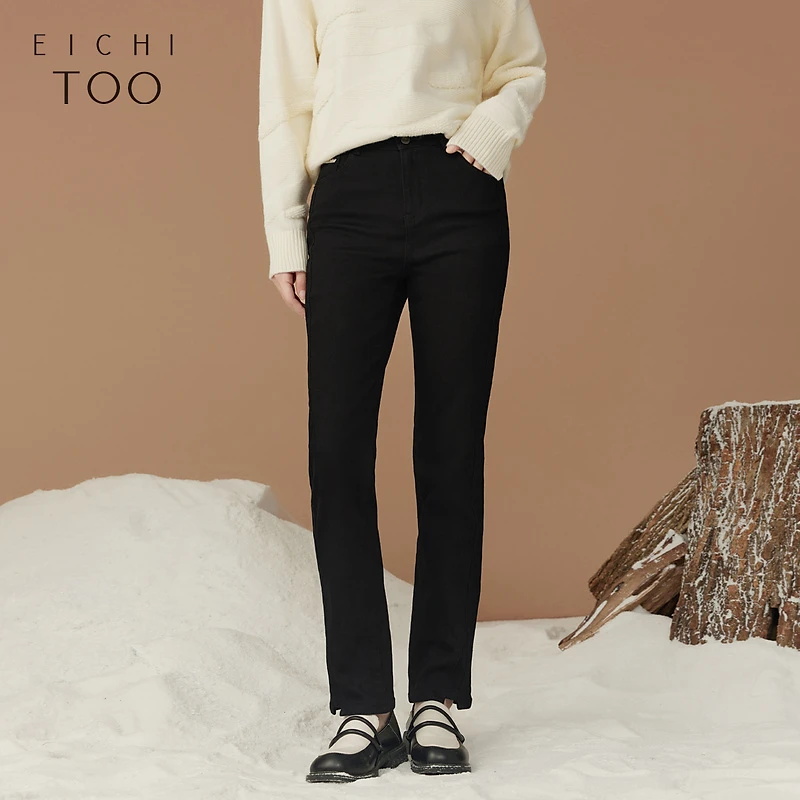 A爱居兔冬季新款设计感时尚加绒牛仔裤烟管裤EKNAJ4N015A