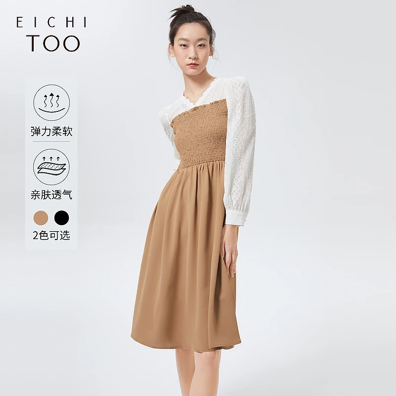 A爱居兔气质V领抽褶设计蕾丝拼接长袖连衣裙EQLCJ2M701A