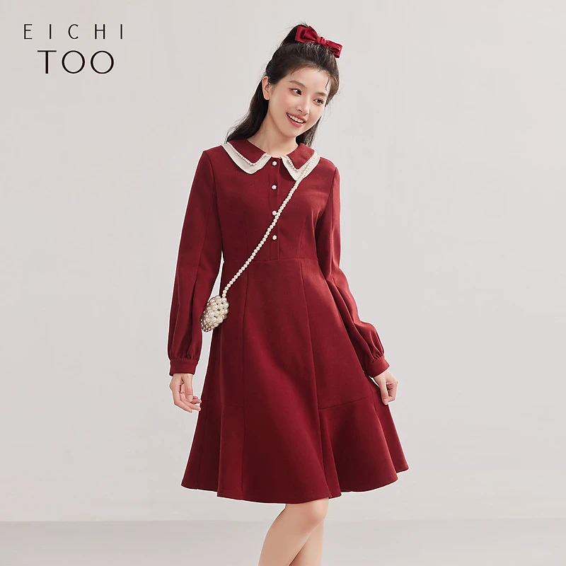 A111爱居兔冬季灯笼袖撞色双层领长袖鱼尾连衣裙EQLCJ4M006A