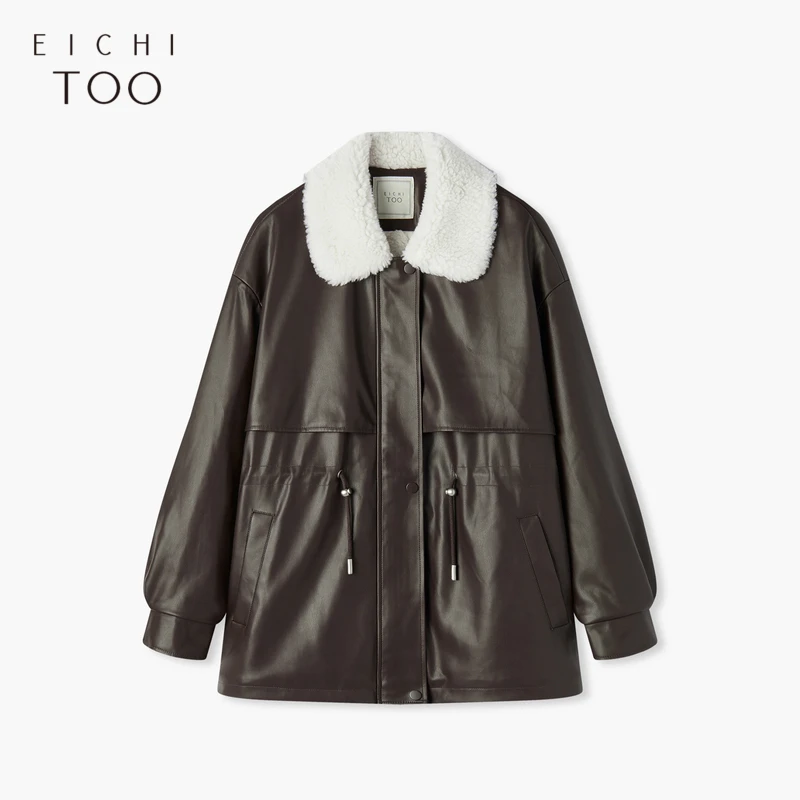A爱居兔翻领外套冬优雅气质PU皮大衣夹克EWJAJ4P013A