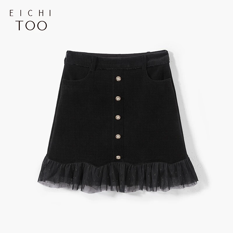 A爱居兔女装金属扣网纱拼接半身裙直筒裙EQDDJ4M013A