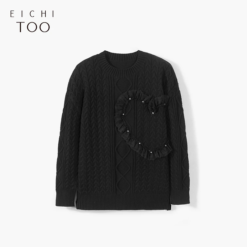 A爱居兔冬网纱压花爱心绞花包芯纱圆领针织衫女ENZAJ4M048A