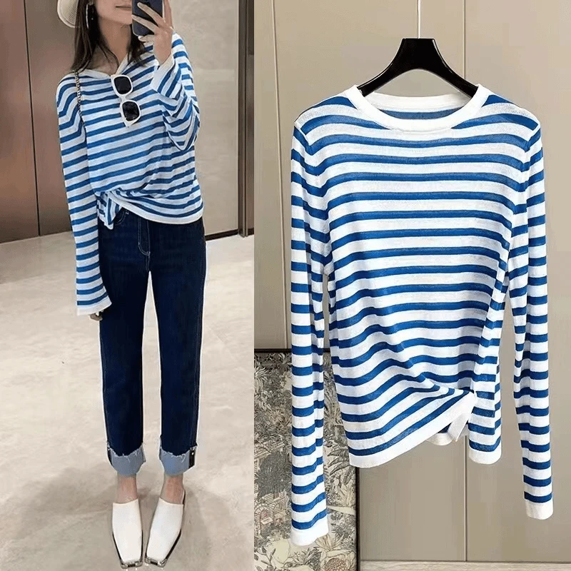 宽松显瘦大码海岸线针织衫蓝白条纹圆领长袖防晒衫女T恤慵懒风潮