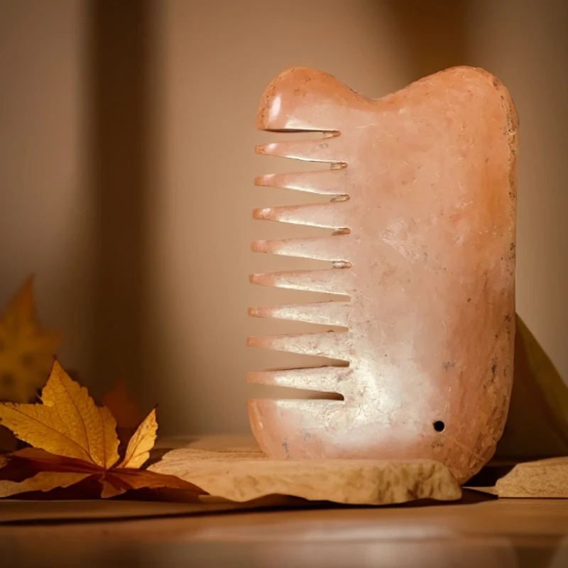 泗水红砭石瑕疵u型梳按摩头皮梳理头发刮痧板纯手工多功能