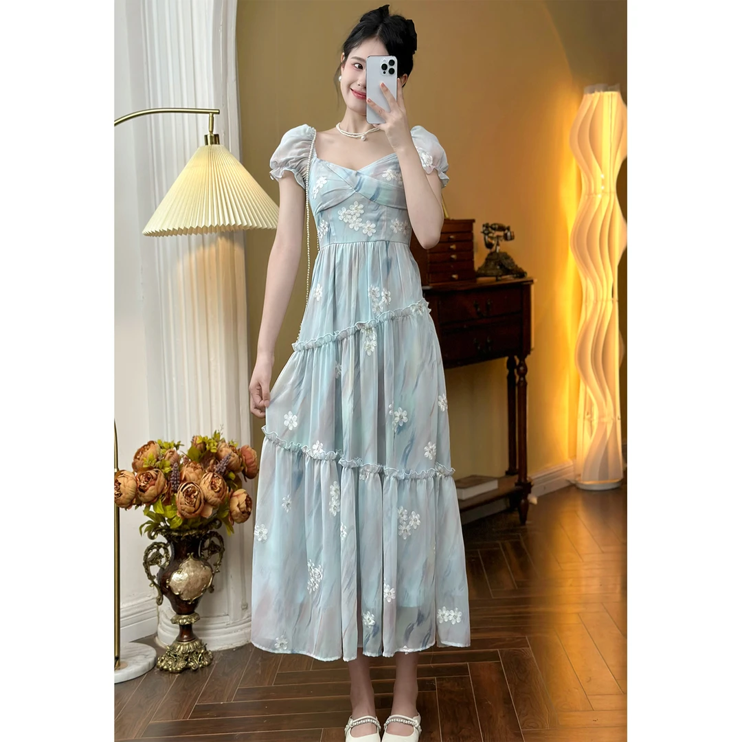 一根聪 【致爱丽丝】复古法式方领收腰蕾丝公主气质女装连衣裙