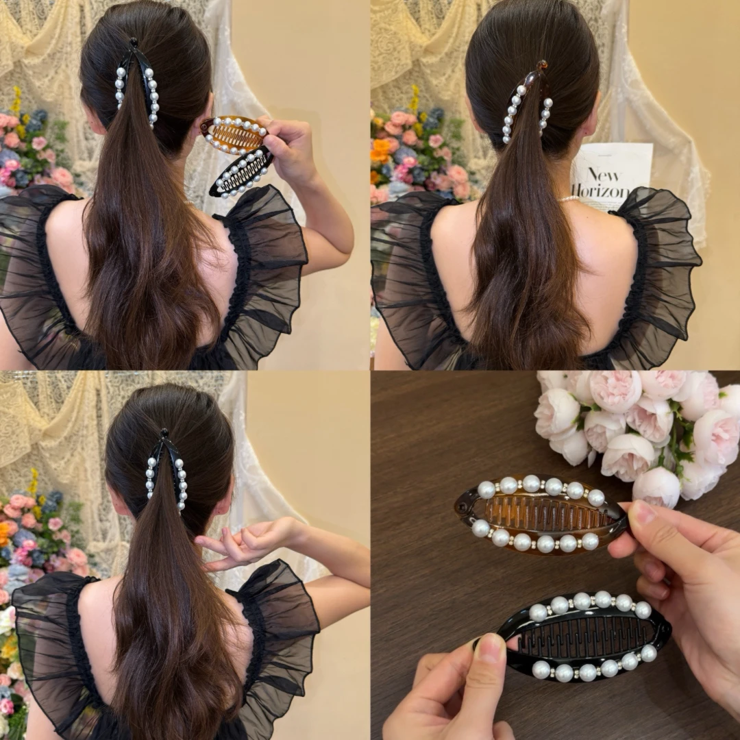 韩版发饰珍珠镶钻发夹韩式黑色马尾夹竖夹亚克力香蕉夹发梳女头饰