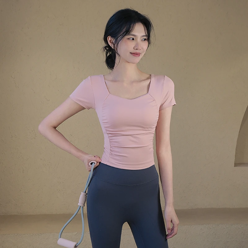 每刻瑜伽服女夏季运动上衣带胸垫短袖T恤专业跑步普拉提健身服