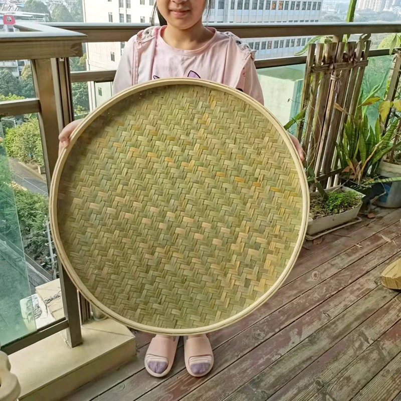 圆形竹匾家用手工编织簸箕无孔竹筛平底竹筐晒东西竹编制品托盘
