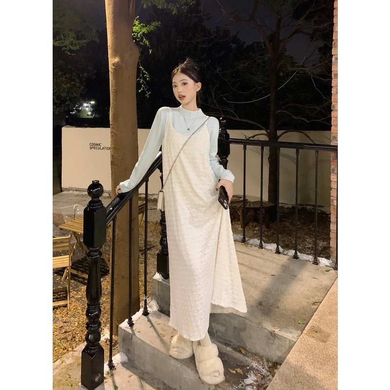 现~花雨~#1239温柔风重工蕾丝吊带连衣裙半高领针织衫两件套