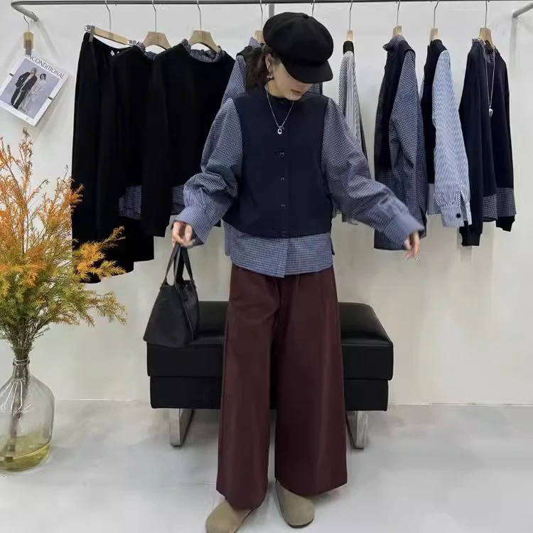 2024年春秋新款休闲洋气假两件小个子小衫宽松格子长袖衬衫上衣女