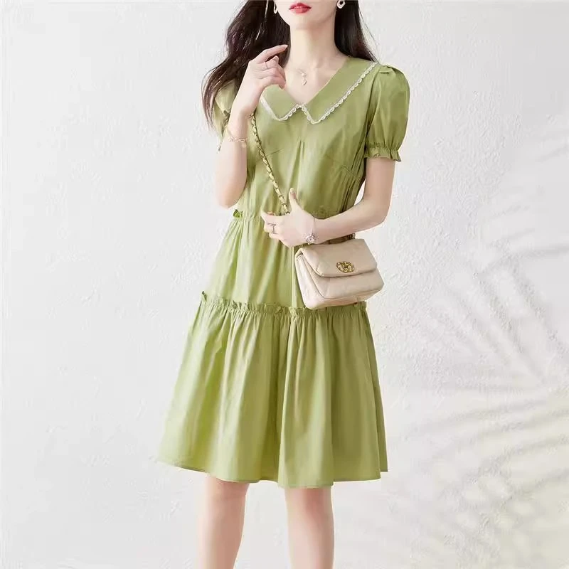 欧洲站2024夏季新款简约百搭宽松气质娃娃领收腰显瘦不规则连衣裙