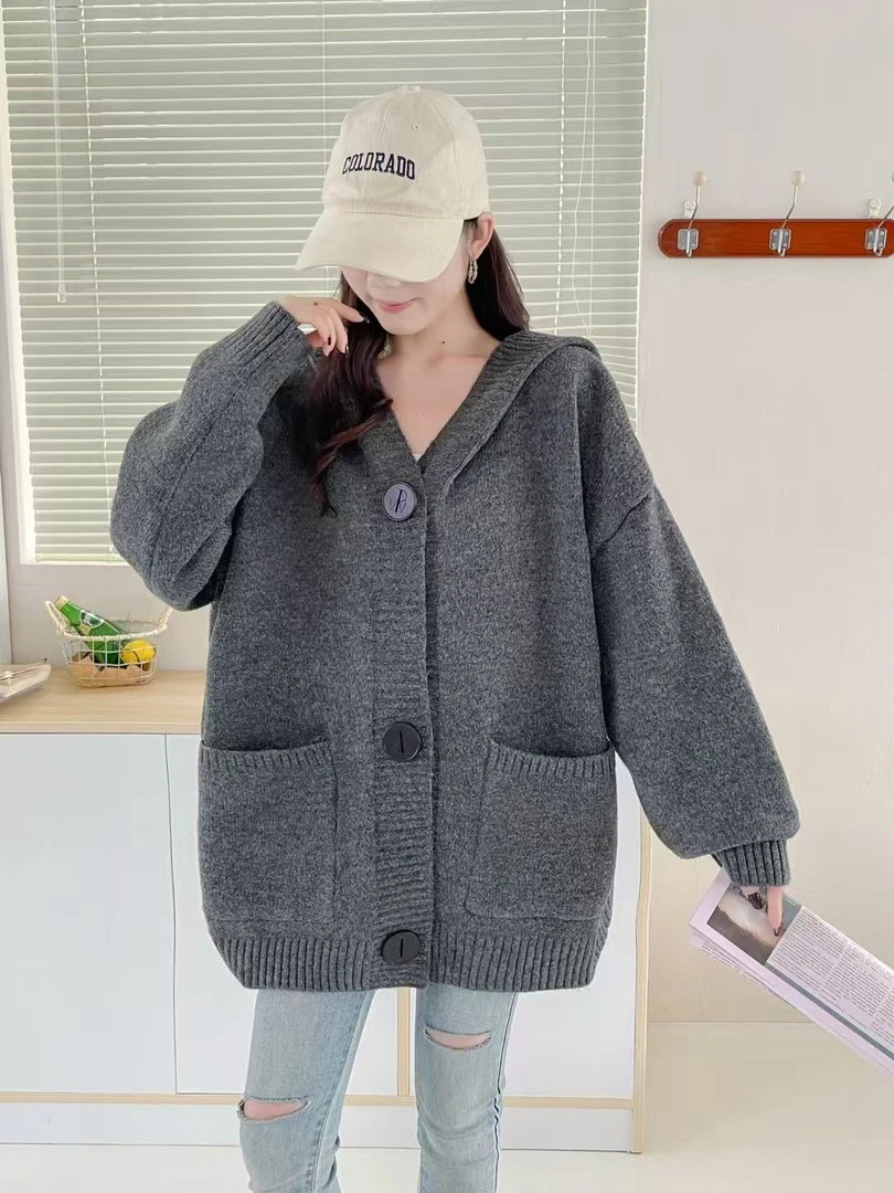 高级灰【1001-530】时尚百搭慵懒风毛衣ins小众设计宽松韩版连帽