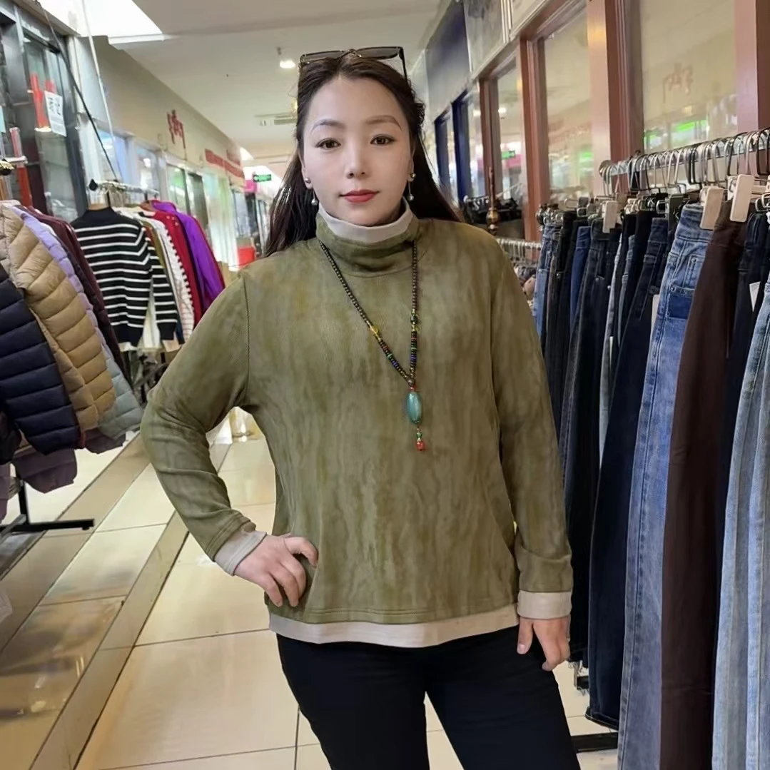 新款时尚拼接复古风加绒半高领宽松打底衫