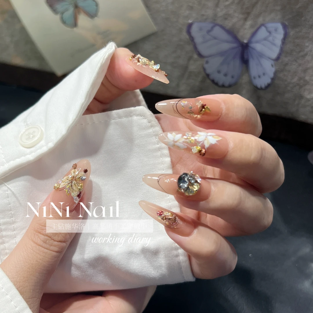 NINI【枯叶蝶】手绘蝴蝶水彩碎石纯手工穿戴甲施家华子钻