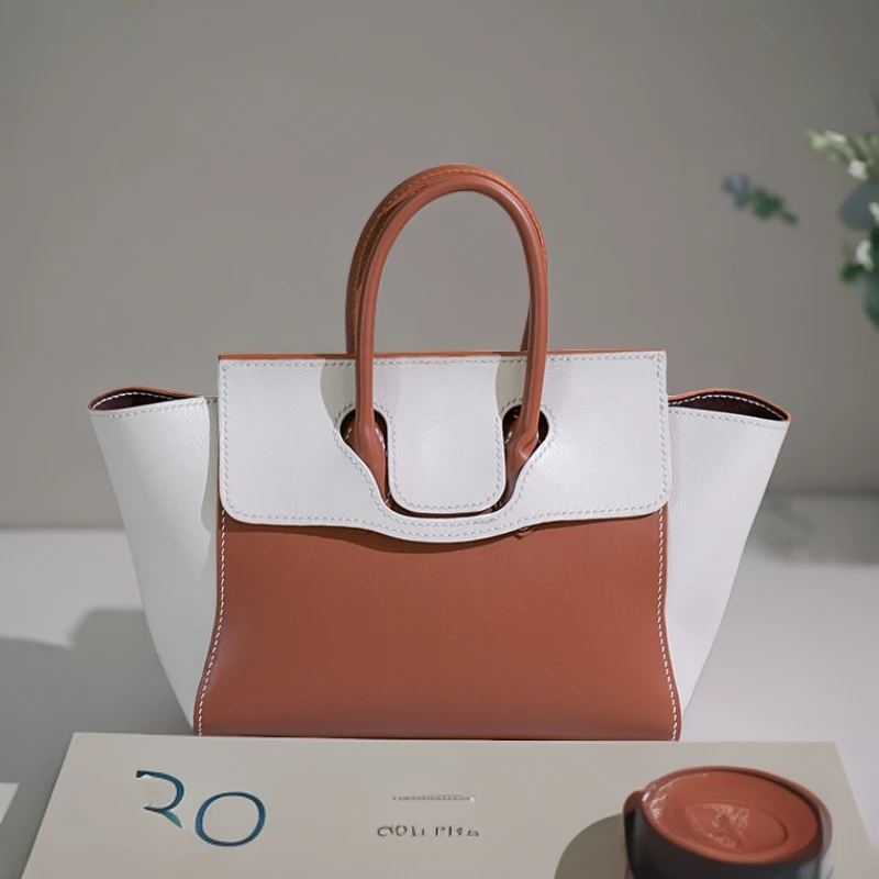 百搭时尚轻奢真皮手工复古通勤撞色手提包包简约小众秋千包潮流